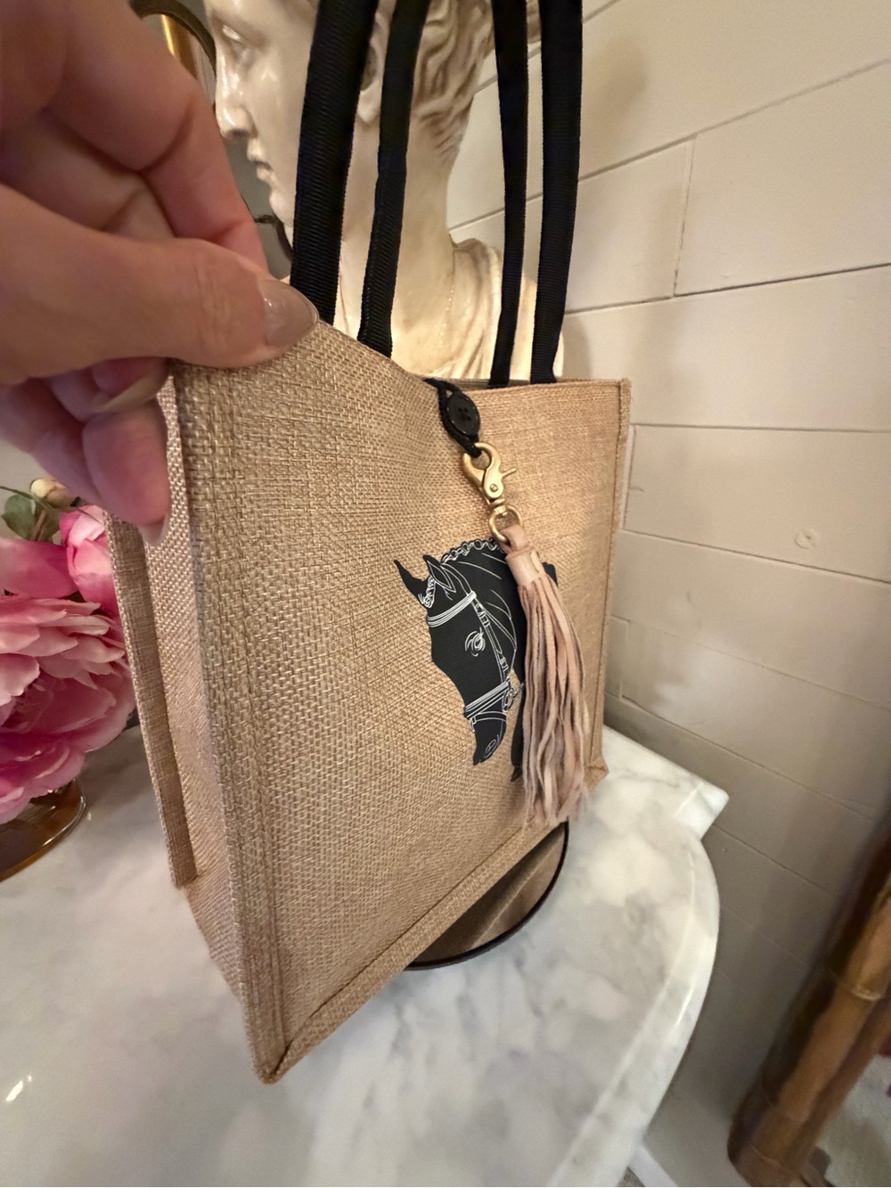 Natural Jute Tote Bag with Black Horse Motif and added leather Tassel NWOT - Picture 4 of 11